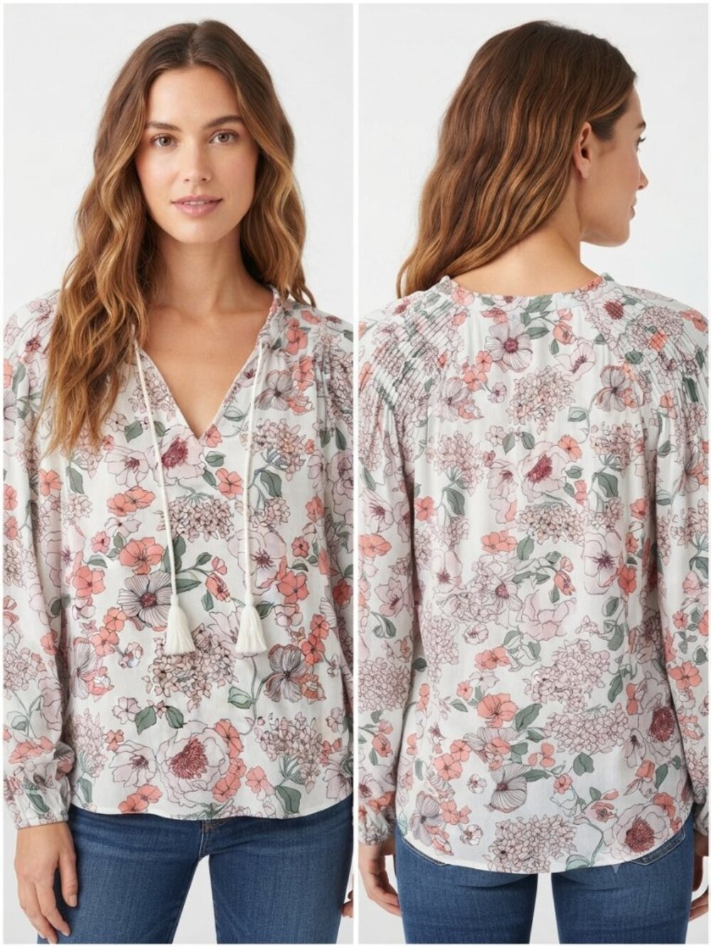 Lucky Brand Floral V-Neck Blouse Tassel Detail Soft Viscose Size S